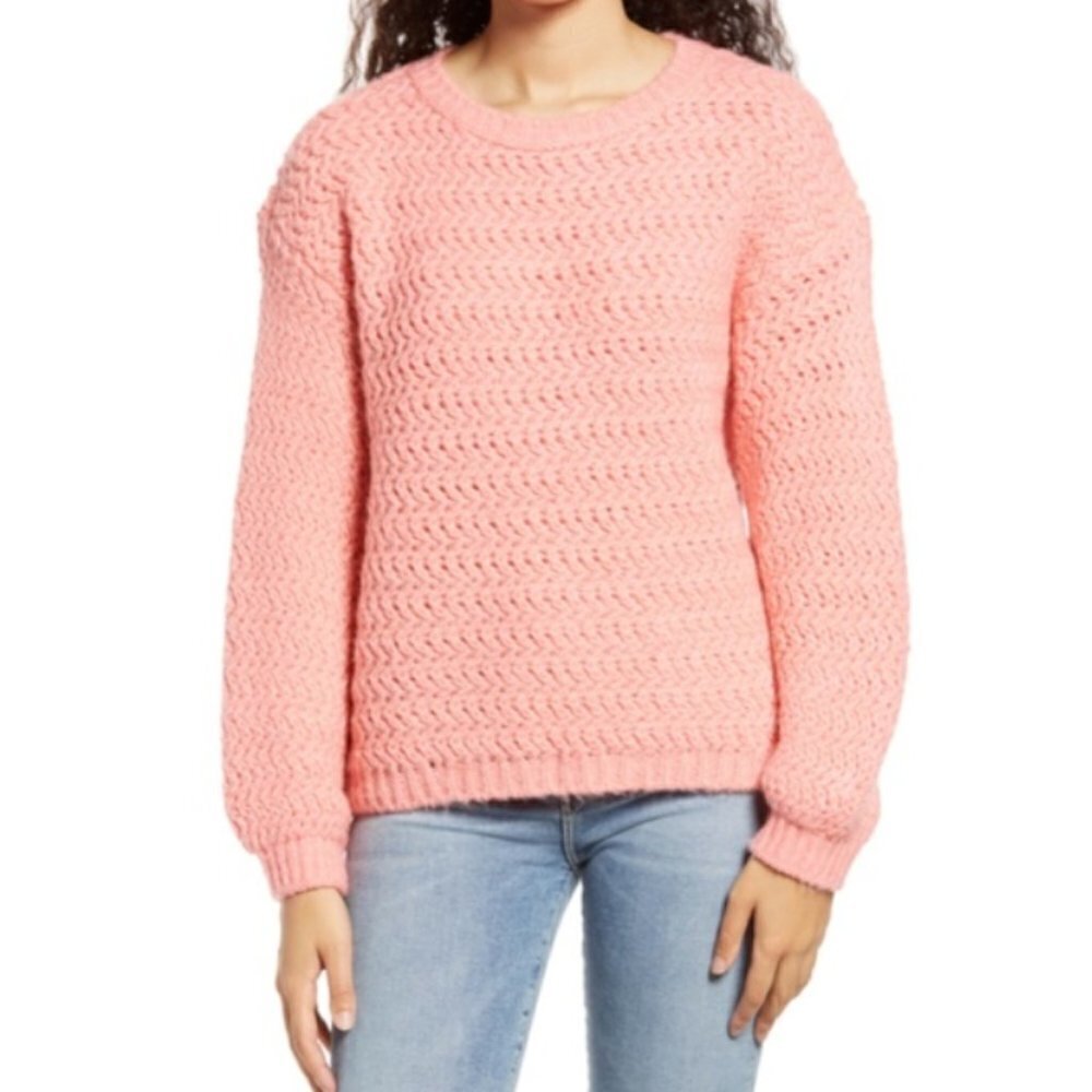 NWT Vero Moda Geranium Pink Chain Stitch Balloon Sleeve Sweater Size XS